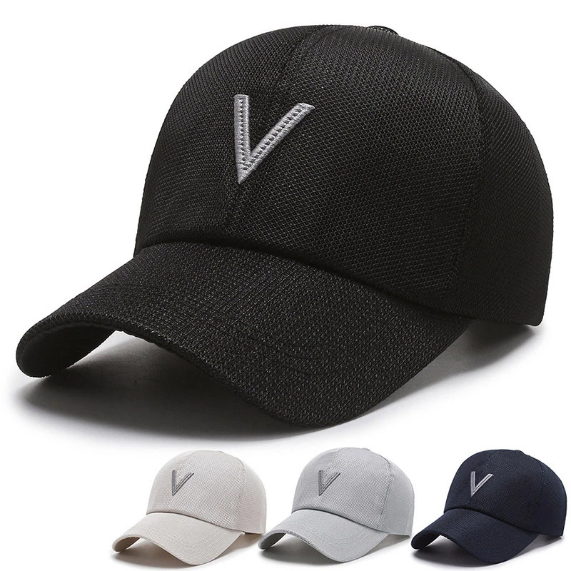 夏季男士棒球帽潮网帽刺绣V字鸭舌帽遮阳帽透气防晒帽子男太阳帽
