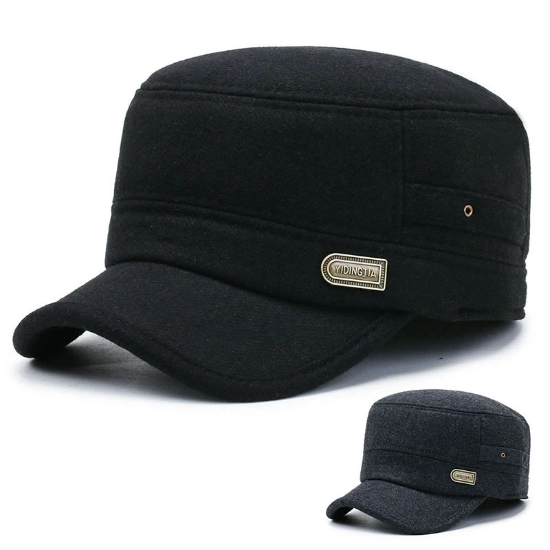 新款男士平顶帽中老年户外百搭休闲冬季加厚保暖护耳毛呢鸭舌帽子