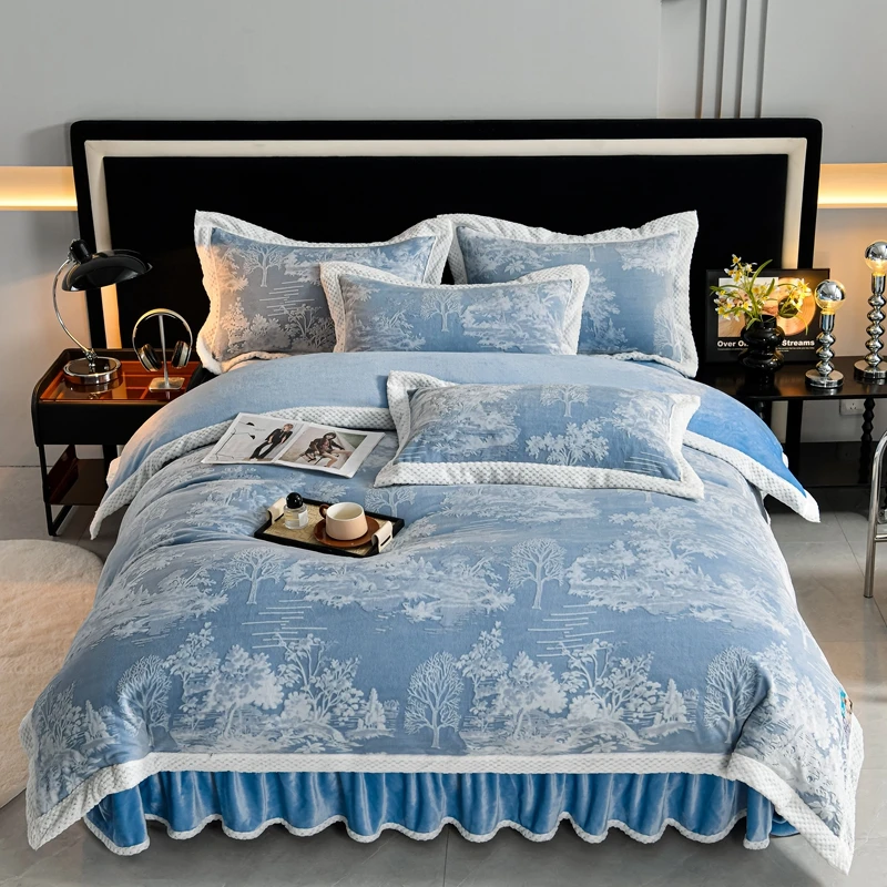 豫巢【山水系列】雕花牛奶绒四件套双面绒加绒加厚防滑A类母婴级