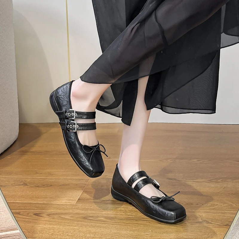 2024早秋季新款平底浅口蝴蝶结单鞋小众破碎做旧芭蕾舞玛丽珍鞋女