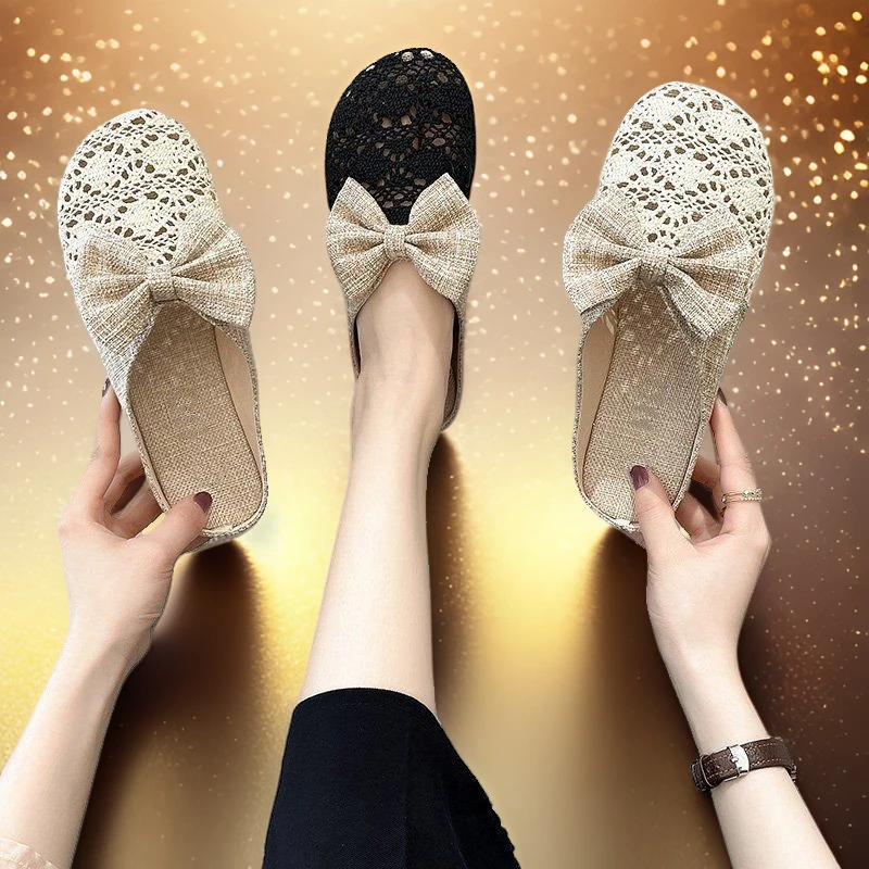 2024夏季新款蝴蝶结包头镂空网面半拖鞋女春秋防滑懒人外穿凉拖鞋