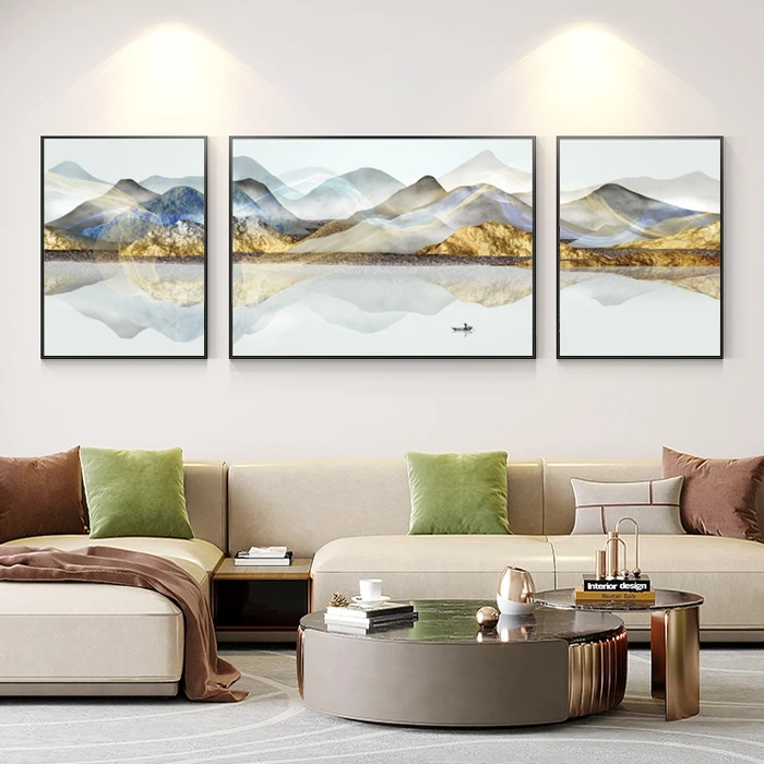山明水秀-客厅装饰画水墨山水画风景画新中式三联沙发背景挂画