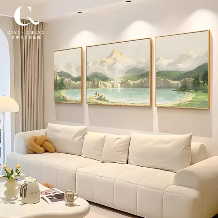 金山聚财-客厅装饰画山水画风景寓意墙壁画三联客厅挂画现代画