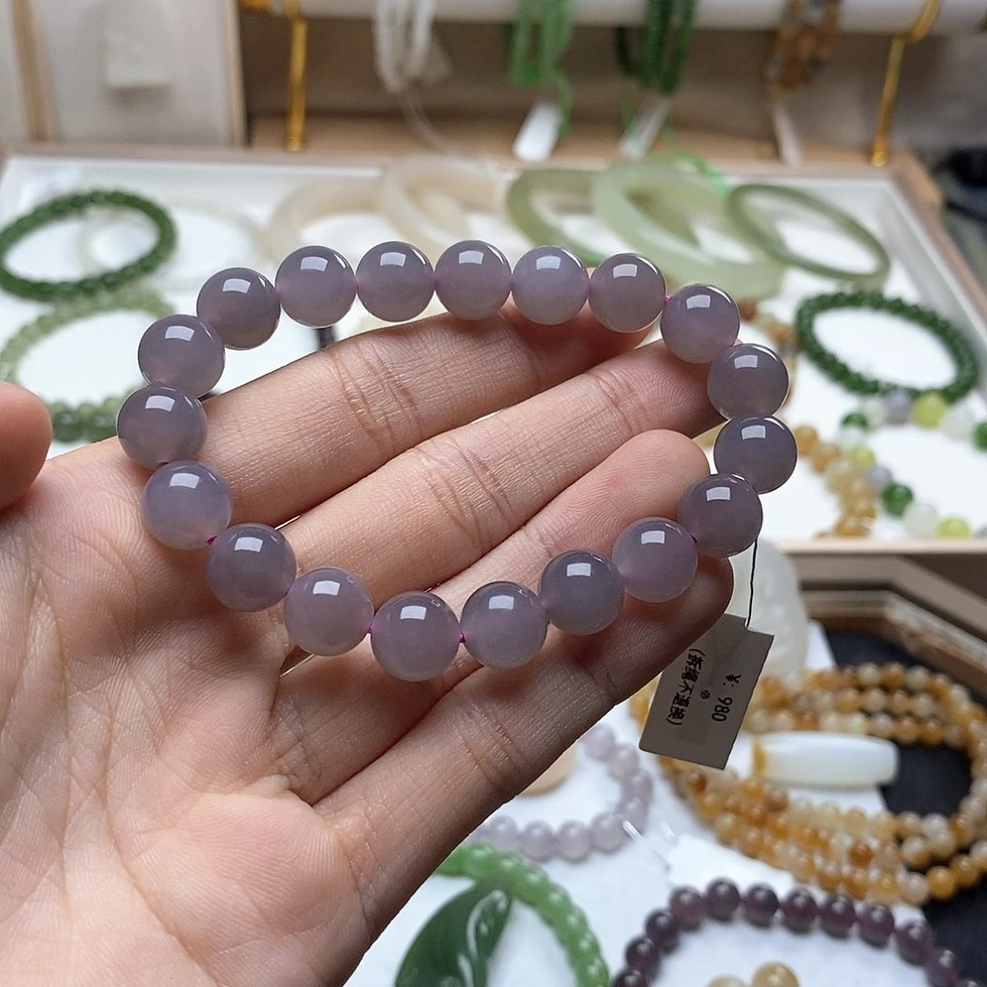 和田玉手链未镶嵌冰底正紫卡十