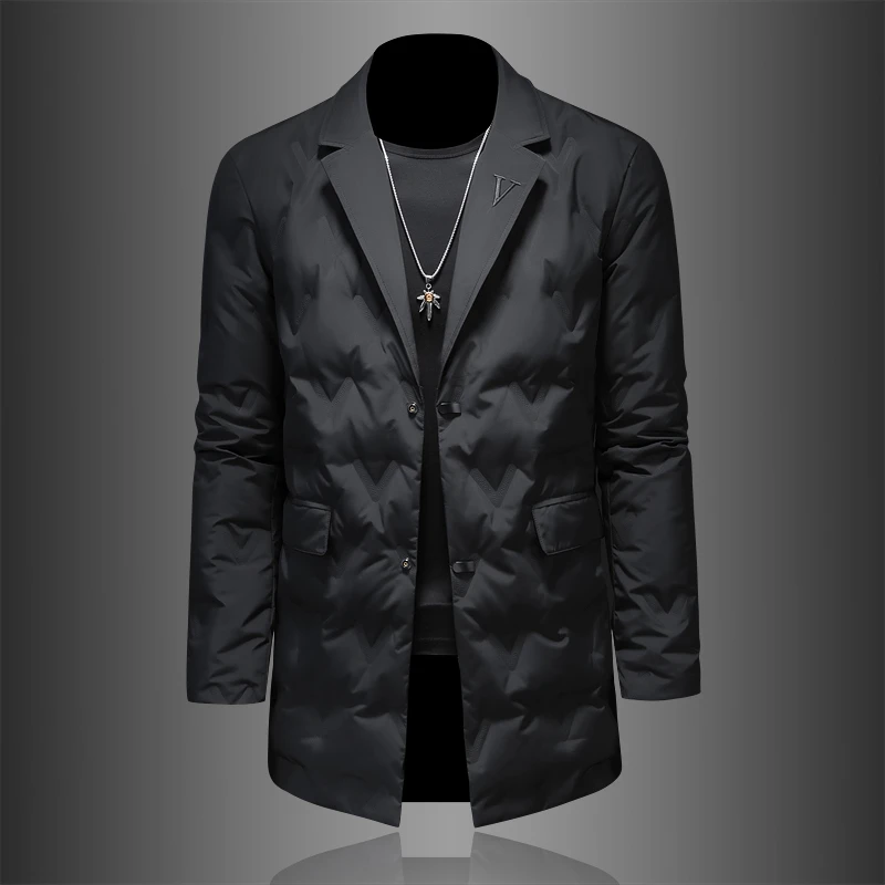 2025新款冬季中长款西装羽绒服男90%白鸭绒外套翻领中长款保暖服