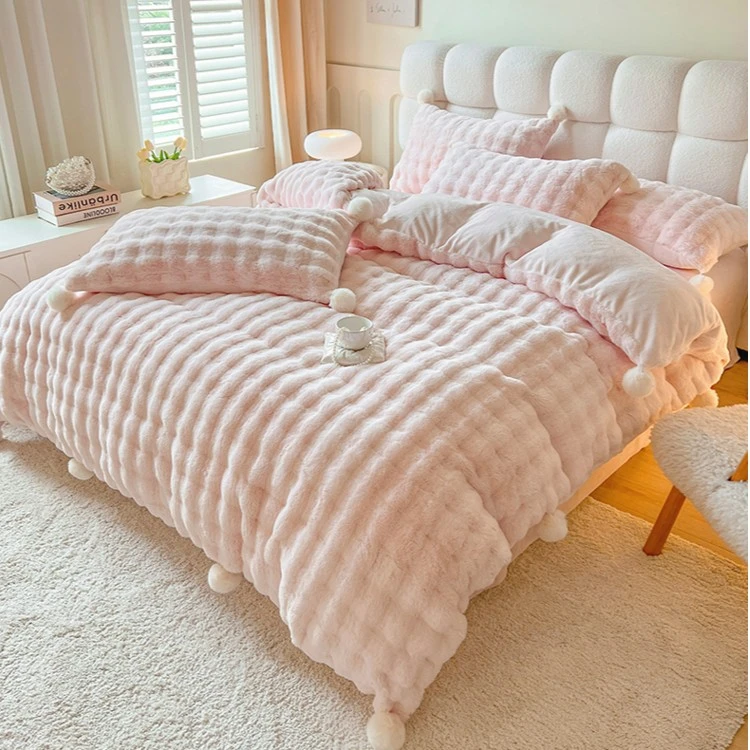 少女心毛球纯色兔兔绒保暖牛奶绒冬款四件套2023新款珊瑚绒双面绒