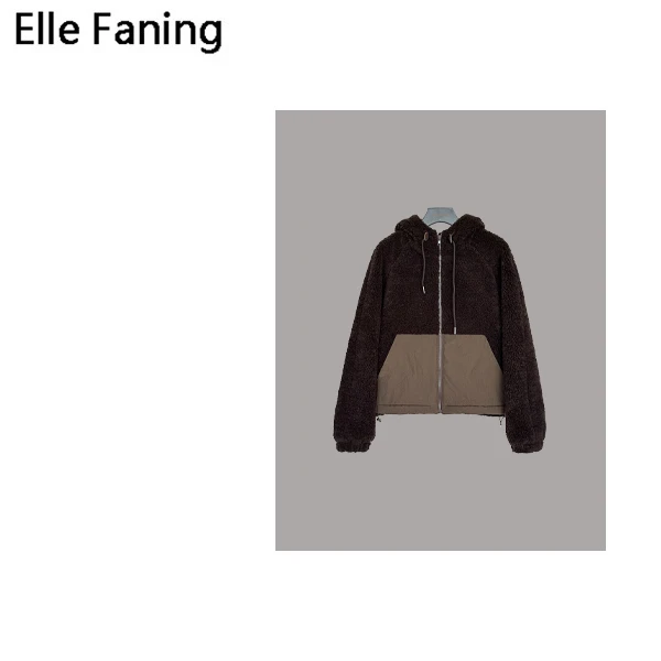 芒果优选-咖色暖阳拼接保暖连帽上衣