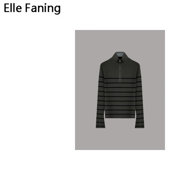 芒果优选-墨绿色条纹拉链针织衫