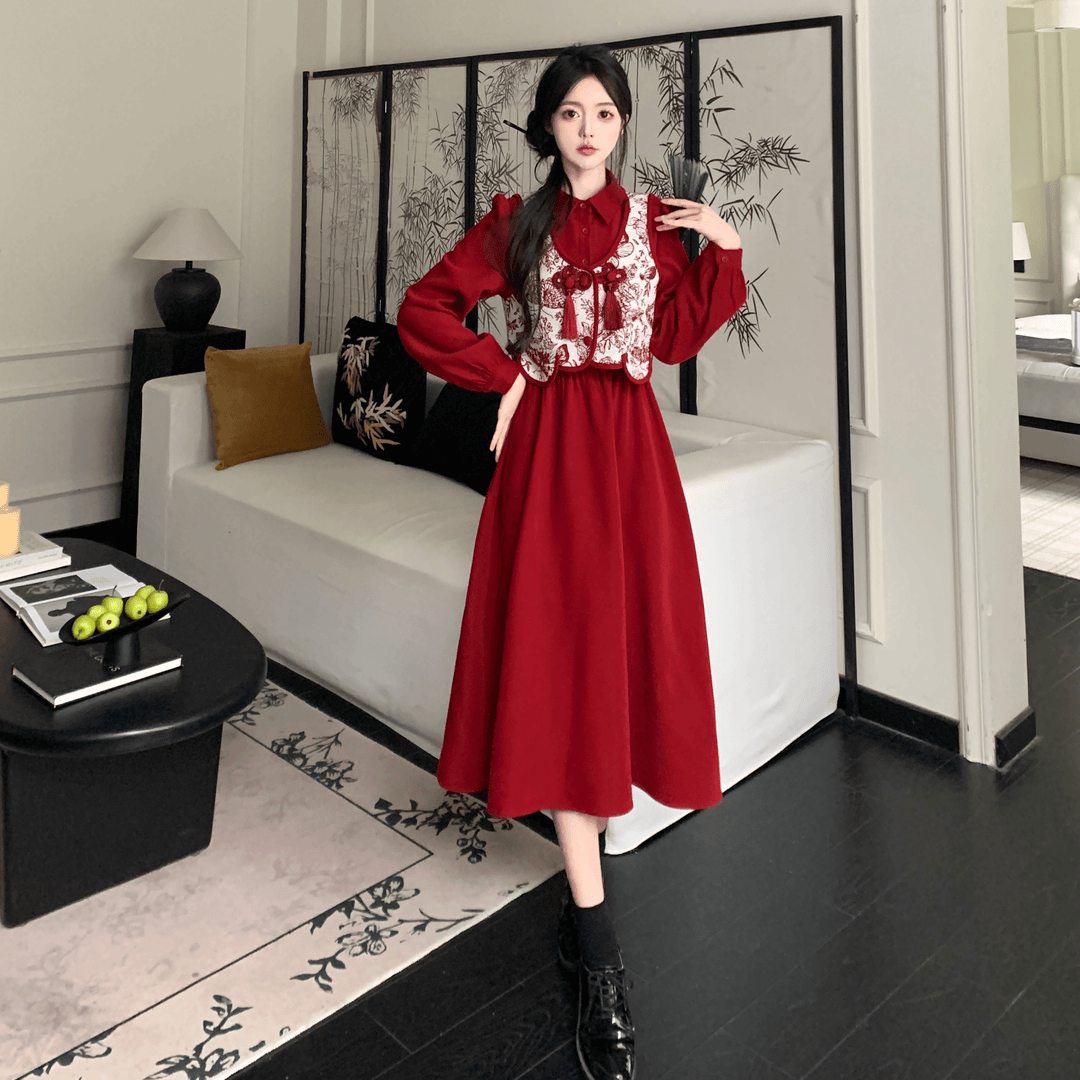 甜美撞色质量手工秋冬小黑裙2024大码女装圣诞款新连衣裙