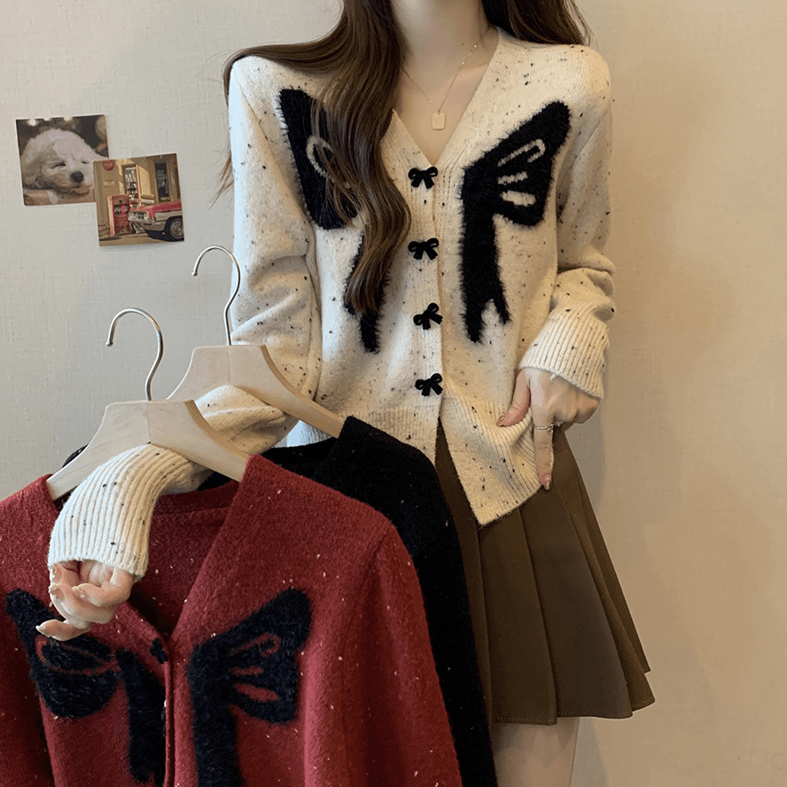 春秋上衣复古2024年春季新款立体蝴蝶结韩版针织开衫落百搭毛衣