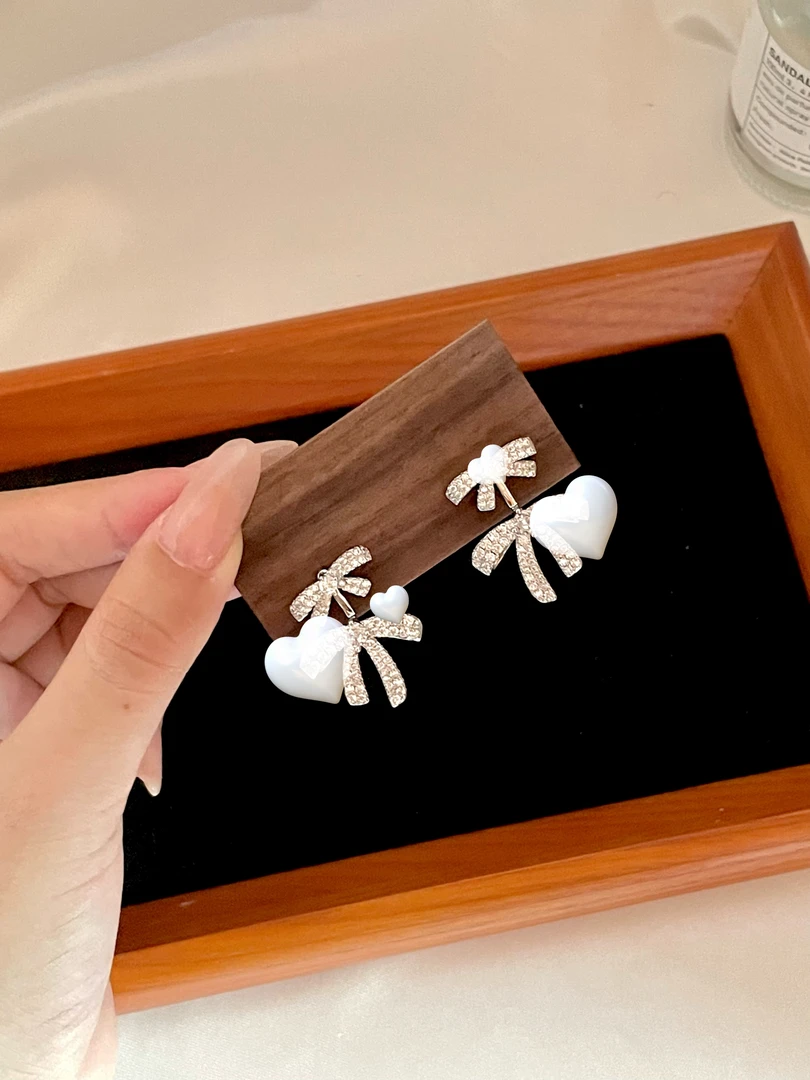 非金属合成锆石耳饰 双重蝴蝶结耳钉后挂式小众高级设计感耳饰