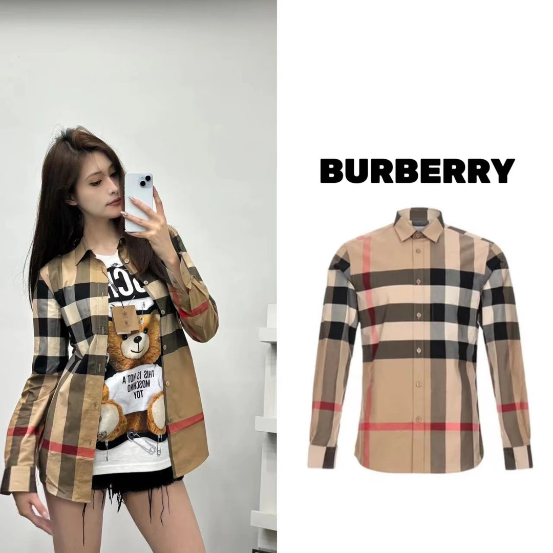 BURBERRY博柏利 经典格纹长袖休闲衬衫 翻领条纹休闲衬衫男女同款