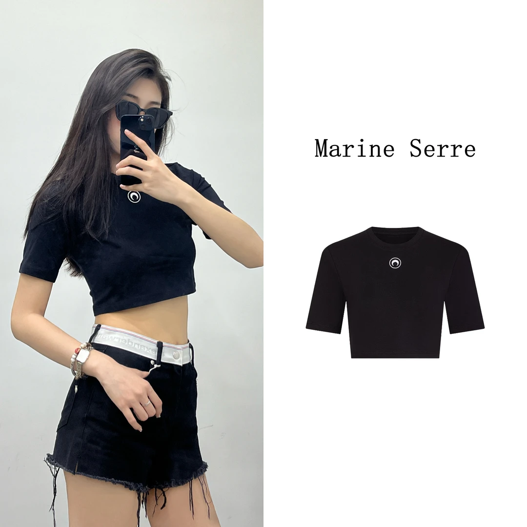 Marine serre 纯色 时尚百搭 圆领修身简约新月短袖T恤 短款 女款