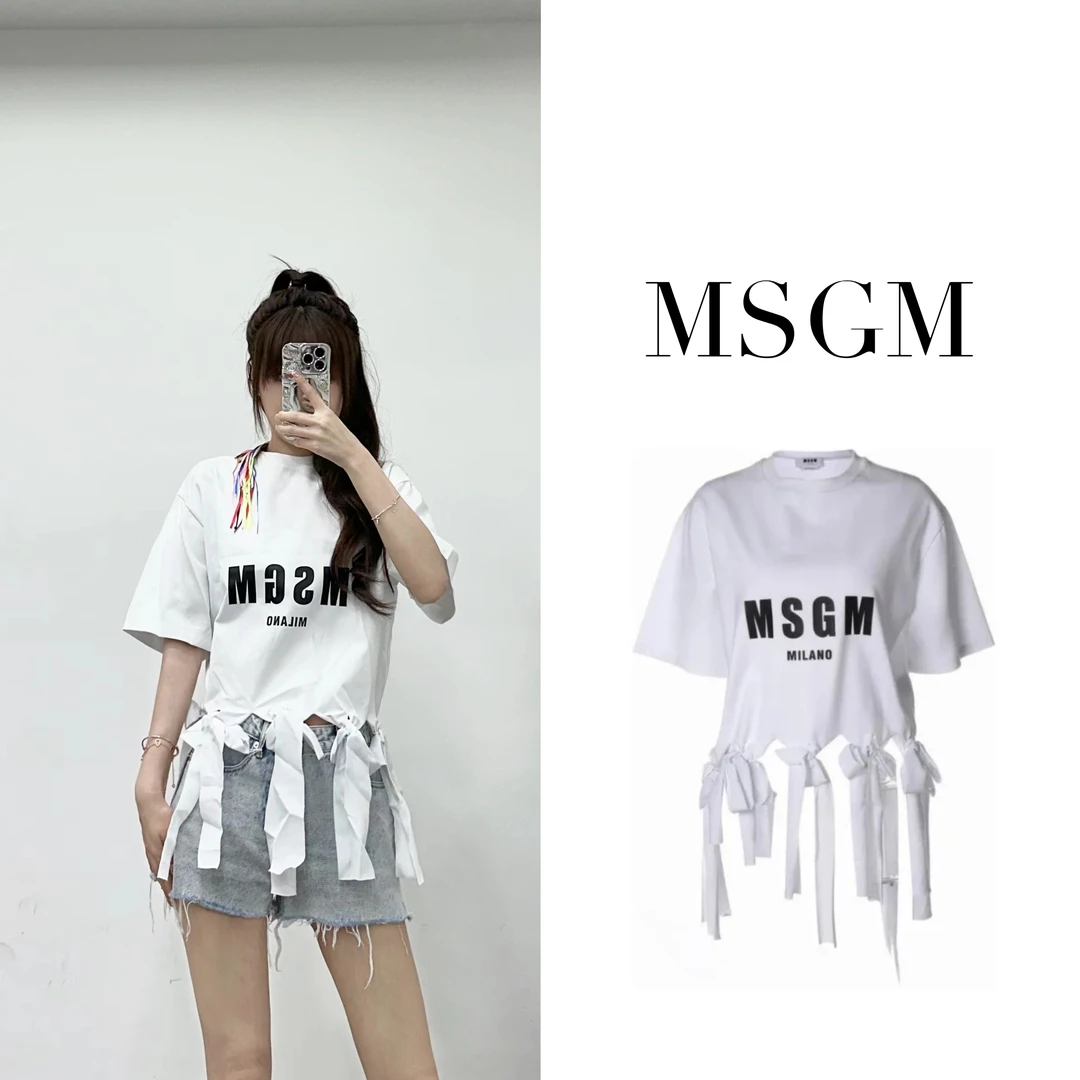 MSGM 女士夏季不规则下摆字母宽松款休闲百搭白色印花圆领短袖T恤