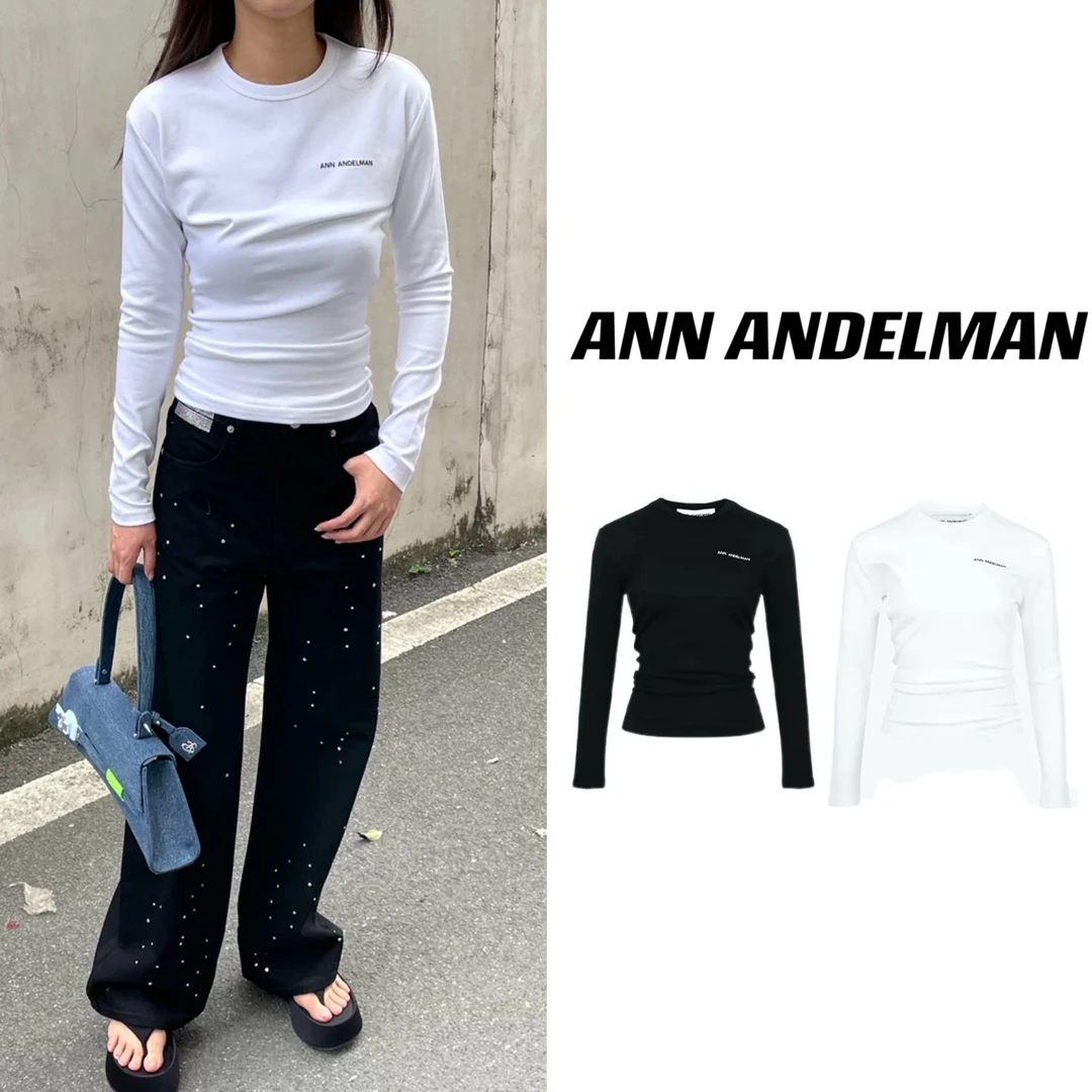ANN ANDELMAN纯色叠褶圆领长袖T恤圆领百搭t恤