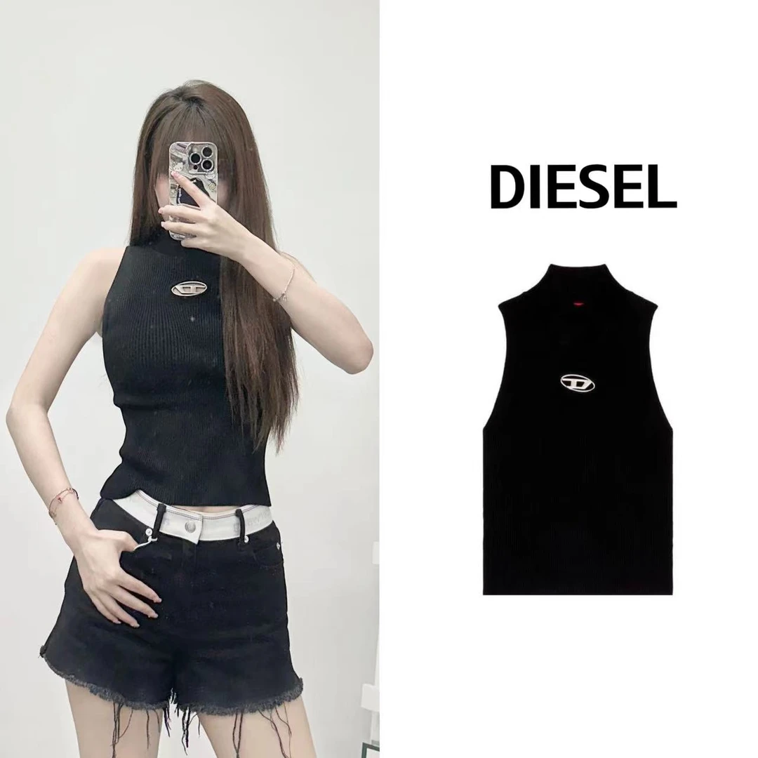 DIESEL迪赛 FW23 OVA D系列金属Logo镂空D装饰女款黑色高领背心