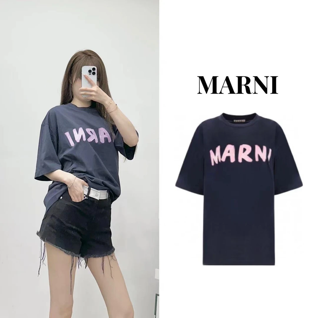 MARNI SS23 英文字母Logo印花潮流 休闲 宽松 短袖 T恤 女款 蓝黑