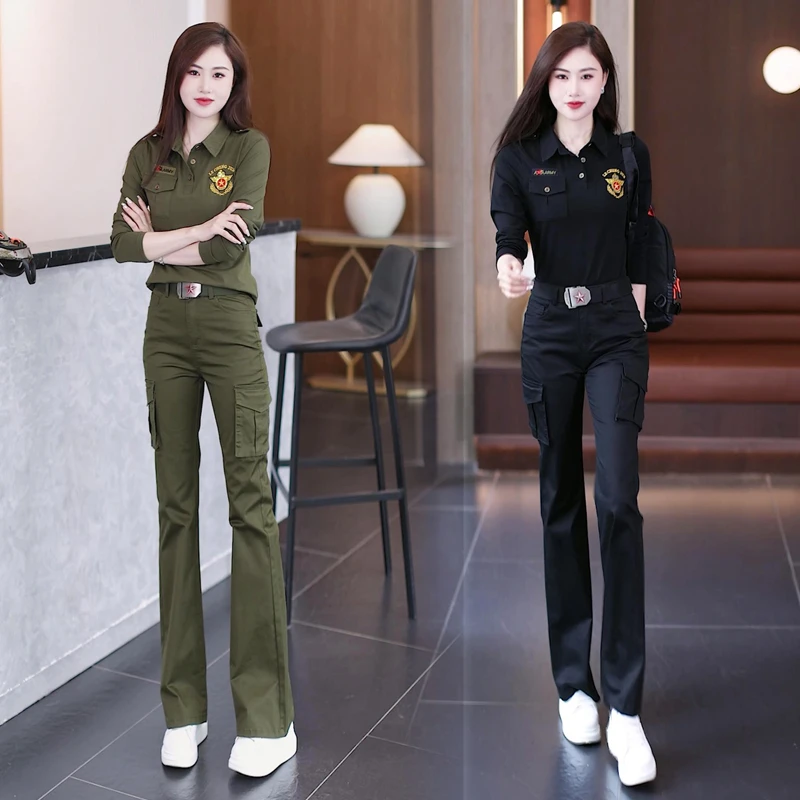 春秋季春夏工装套装女高腰喇叭长裤显瘦减龄两件套2025长袖迷彩服