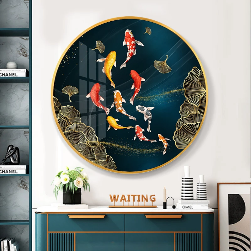 客厅装饰画玄关圆形沙发背景墙面壁画餐厅办公卧室挂画轻奢九鱼图