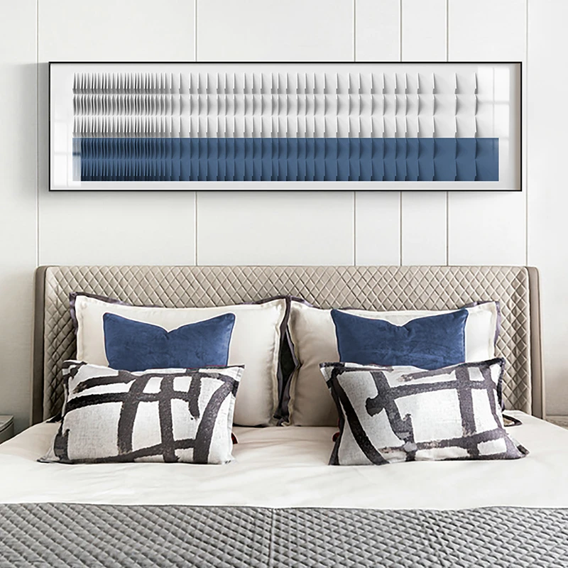 现代简约体感温度卧室装饰画蓝色抽象几何挂画酒店床头横幅壁画