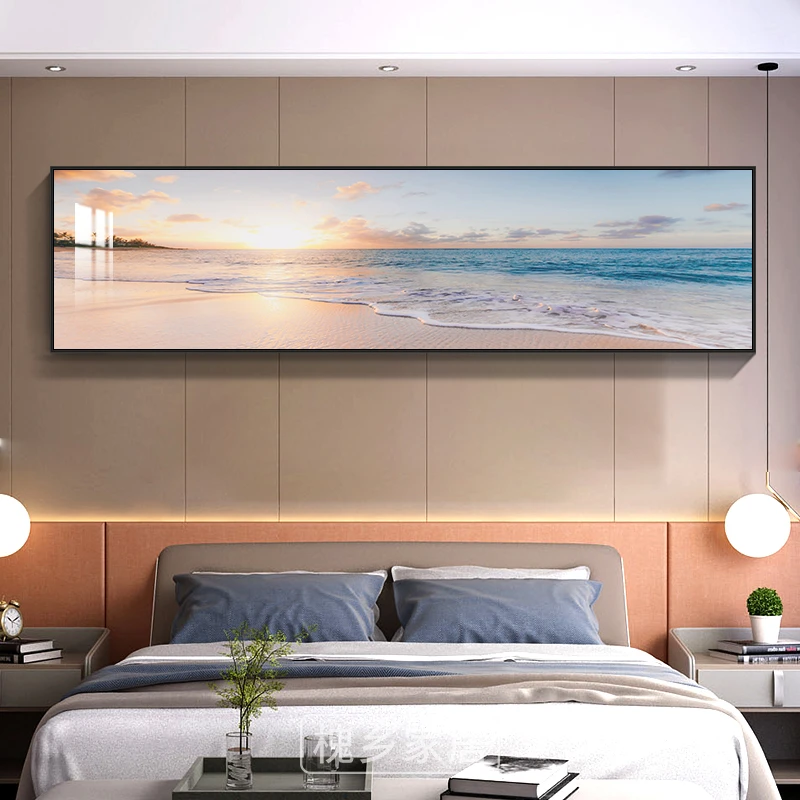 现代简约卧室装饰画主卧温馨床头挂画大气海景横幅壁画抽象客厅画