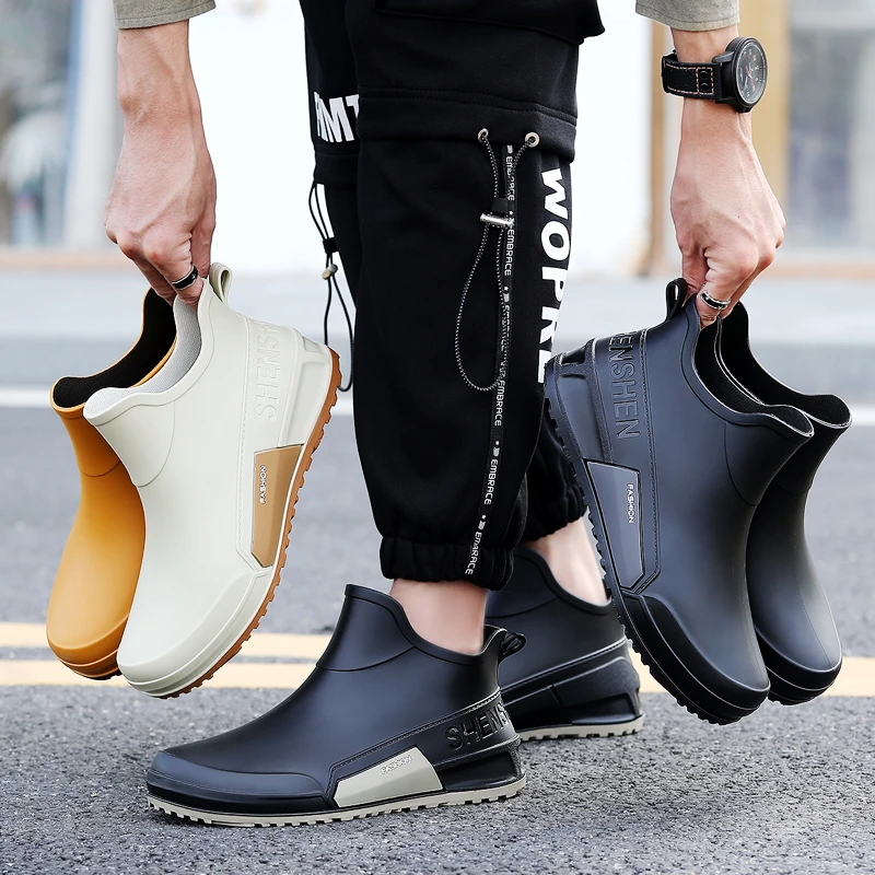 时尚拼色潮流雨鞋男士加厚耐磨休闲加绒保暖钓鱼鞋短筒防滑防水鞋