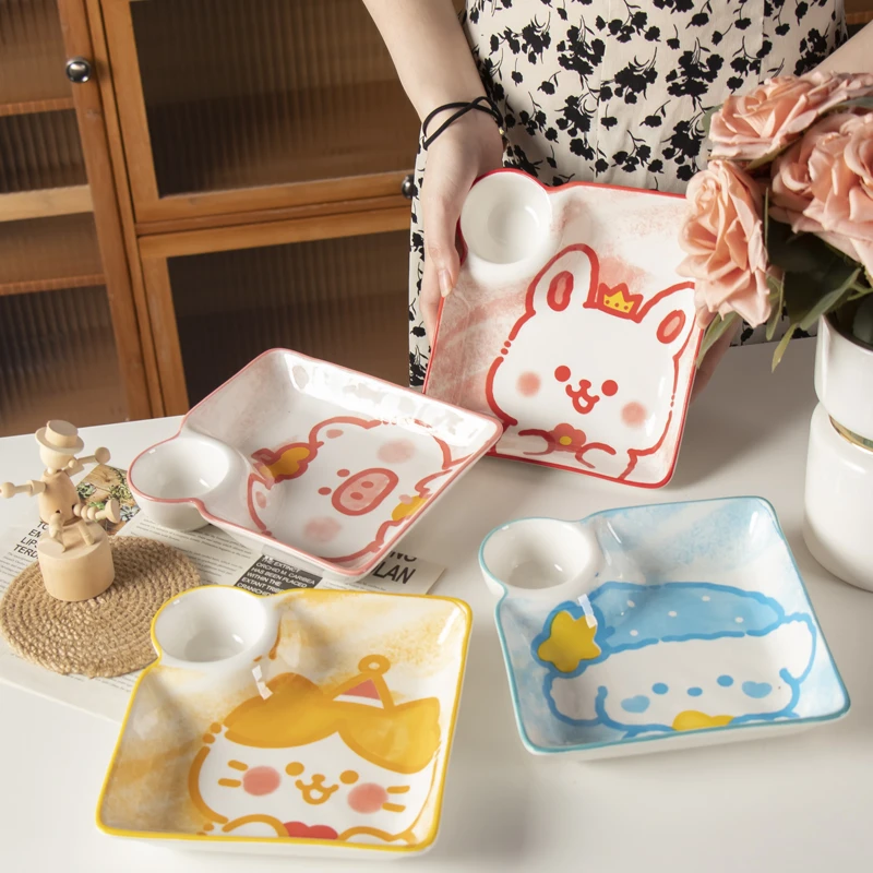 儿童饺子盘陶瓷高颜值家用新款专用盘水饺盘一体网红卡通餐具盘子