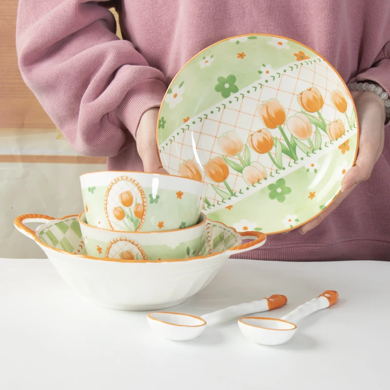 【二人食】ins风高颜值郁金香碗陶瓷整套双耳碗盘微波炉米饭碗网红