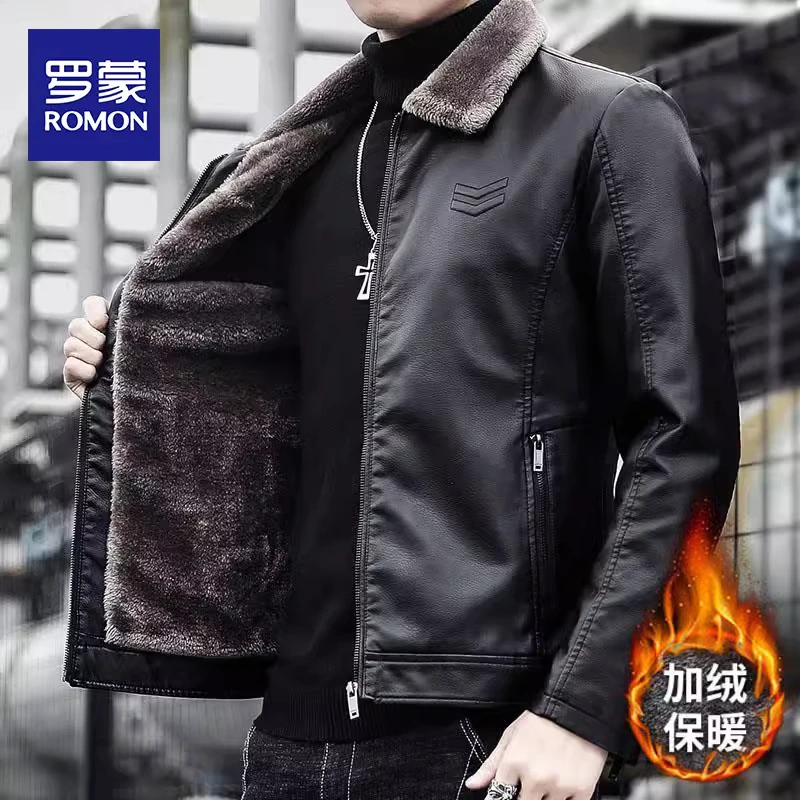 罗蒙皮衣男士冬季加绒加厚上衣机车外套保暖羊羔绒皮毛一体皮夹克