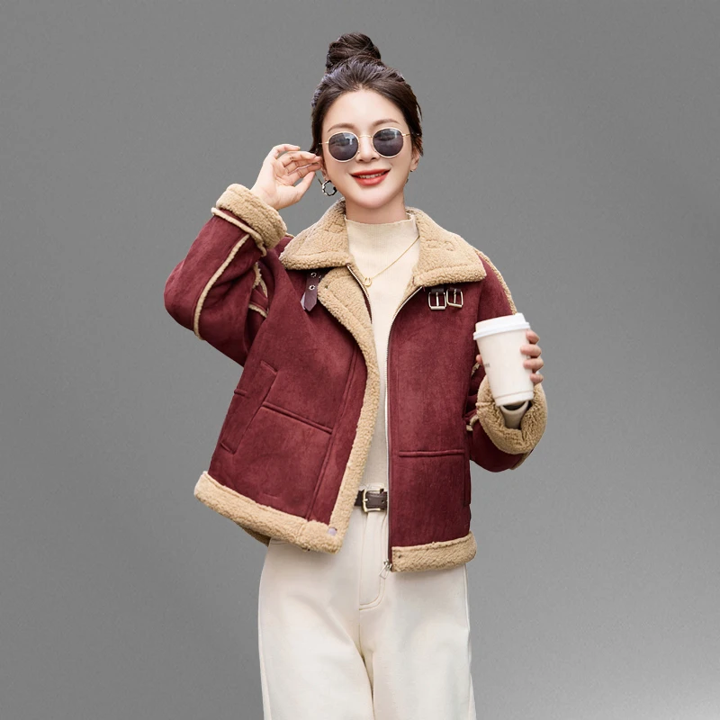 皮毛一体羊羔毛外套女冬季2024新款小个子加厚仿鹿皮绒机车服夹克
