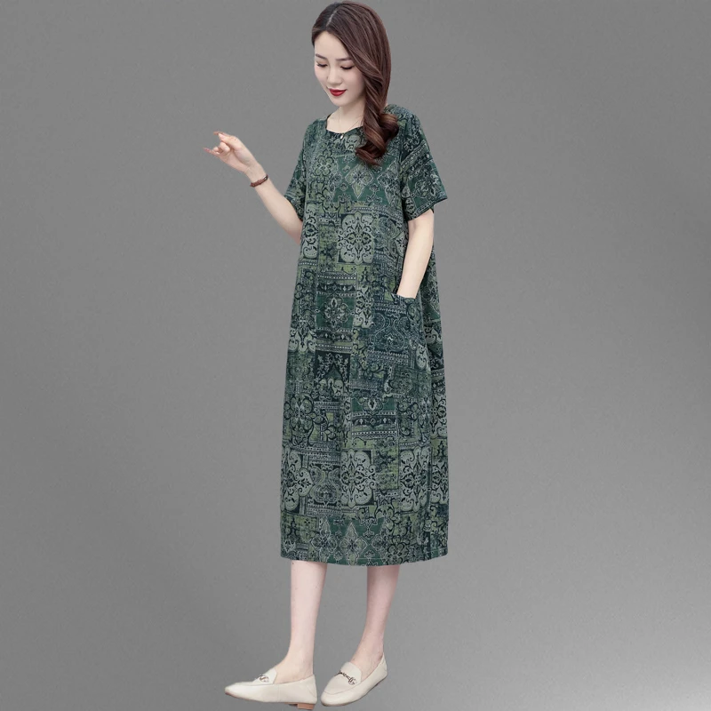 国风复古休闲棉麻印花连衣裙女夏季新宽松遮肚大码胖妈妈中长裙子