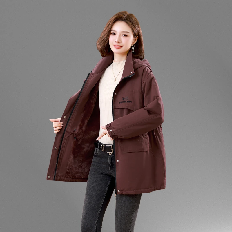 安可拉红加绒派克服外套女2025冬季新大码收腰中长款加厚棉衣棉服