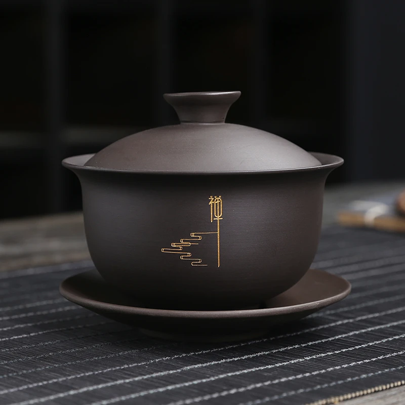 紫砂三才盖碗复古泡茶碗防烫中式大容量家用功夫茶具茶杯陶瓷带盖