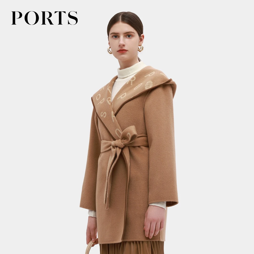 【羊毛系列】PORTS宝姿 女装秋冬时尚通勤风连帽中长款羊毛大衣女士