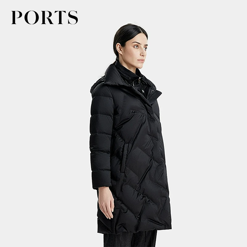 PORTS宝姿女装冬季新款菱形格纹连帽白鹅绒长袖中长款羽绒服