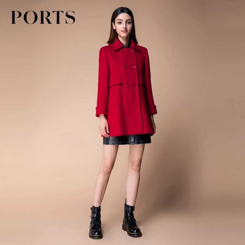 【羊毛系列】PORTS宝姿女装 秋冬时尚通勤双排扣红色双面呢毛呢外套