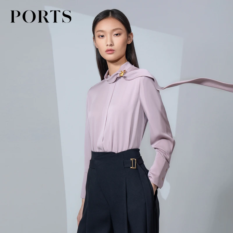 PORTS宝姿时尚通勤风春季女装甜美气质真丝圆领飘带纯色衬衫女 士