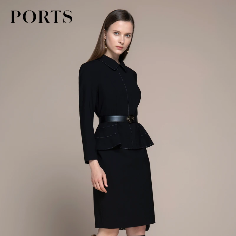 【羊毛系列】PORTS宝姿 女装秋季简约通勤风修身包臀假两件连衣裙女