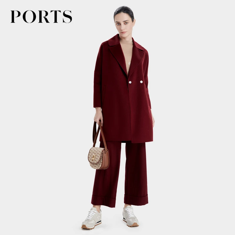 PORTS宝姿 女装秋季新款覆盆子红气质时尚优雅一手长双面呢大衣女