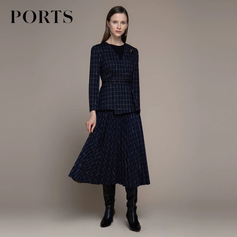 PORTS宝姿 女装秋冬季百搭通勤风时尚气质金丝格纹百褶裙半身裙女