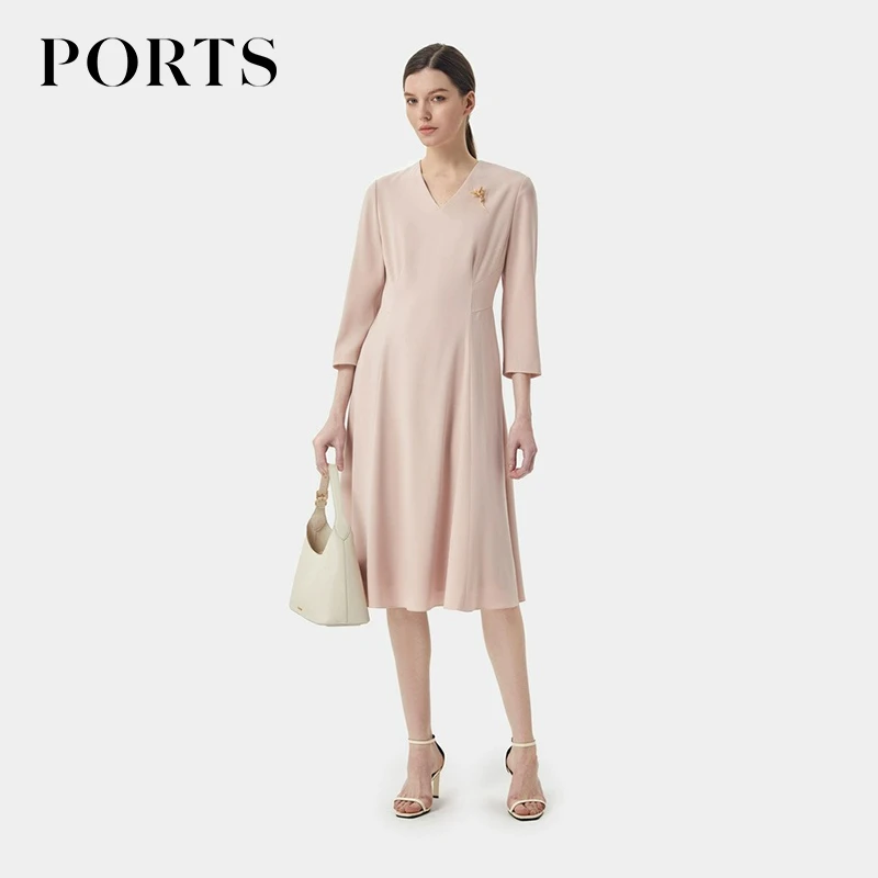 PORTS宝姿女装 春季新款三醋酸时尚温柔风胸针装饰优雅连衣裙