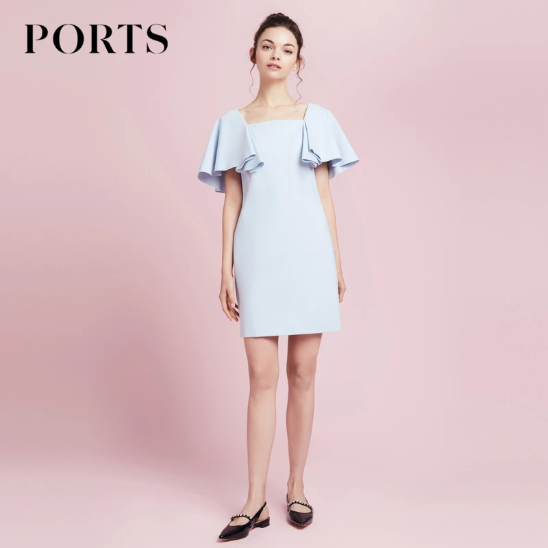 PORTS宝姿 女装春夏小众荷叶披肩袖装饰法式简约气质女士连衣短裙