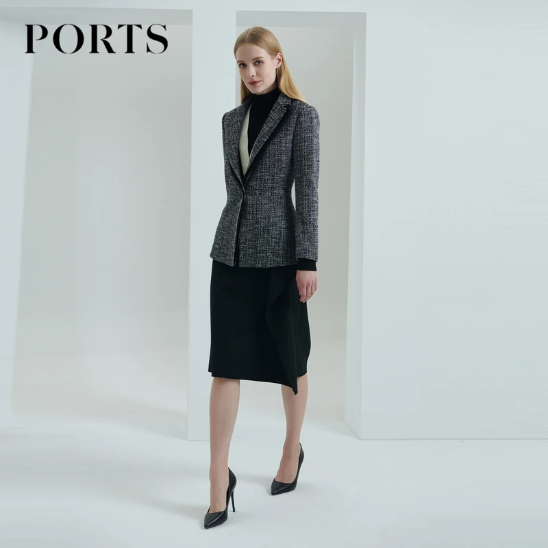 PORTS宝姿时尚通勤风秋季休闲气质女装夹克针织修身西装外套女 士