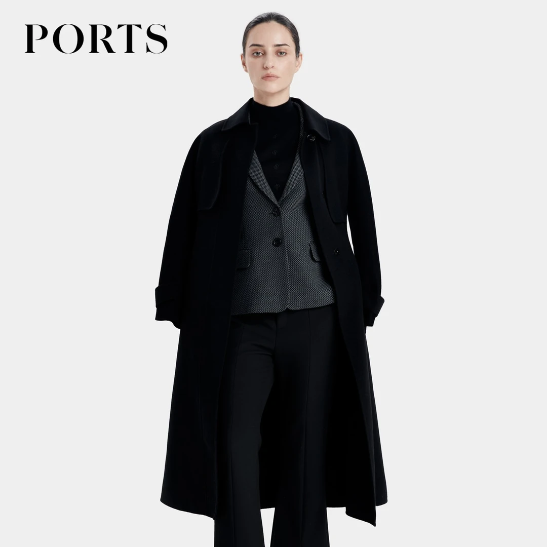 PORTS宝姿女装秋季新款时尚通勤风高级感束腰双面呢大衣外套女 士