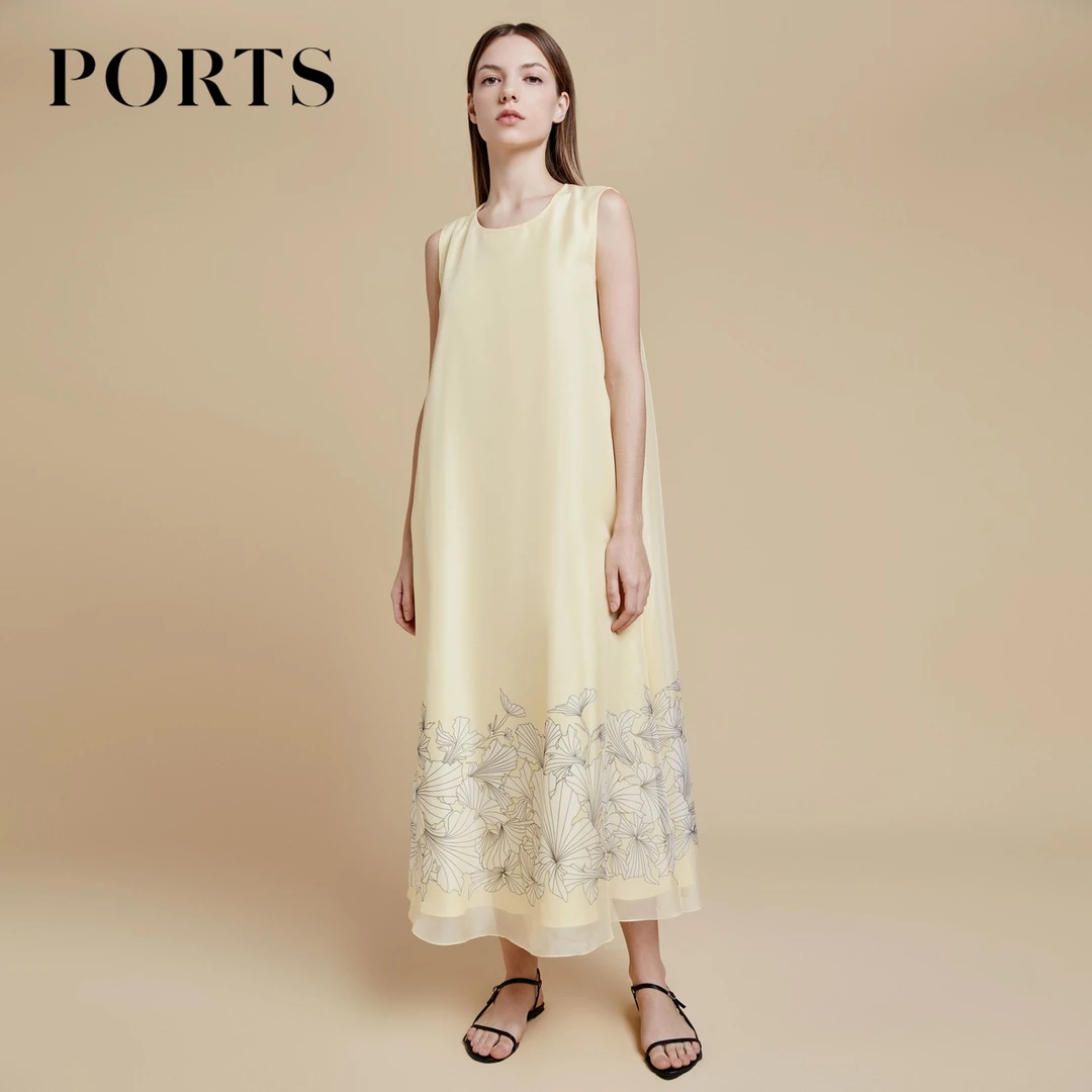 PORTS宝姿连衣裙 春夏新款“鎏金繁叶”印花优雅休闲无袖气质款长裙