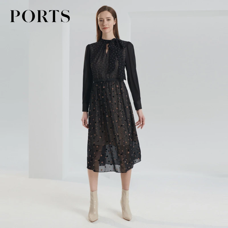 PORTS宝姿 秋季百搭通勤风女装时尚优雅名媛气质收腰长袖连衣裙女