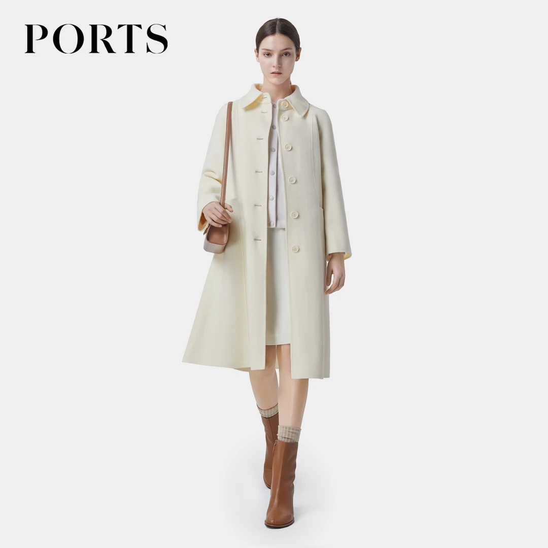 PORTS宝姿女装冬季新款温柔风奶白色简约翻领女长款毛呢大衣
