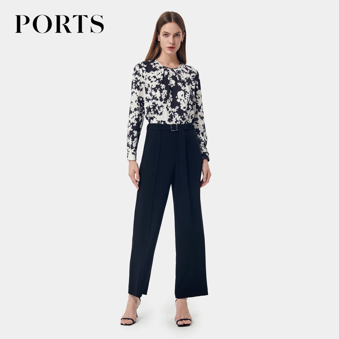 PORTS宝姿女装 春季通勤简约腰带装饰三醋酸垂感阔腿裤女