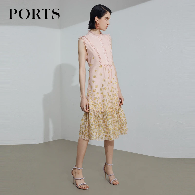 PORTS宝姿通勤风女装甜美荷叶边无袖印花半高领连衣裙中长裙女 士