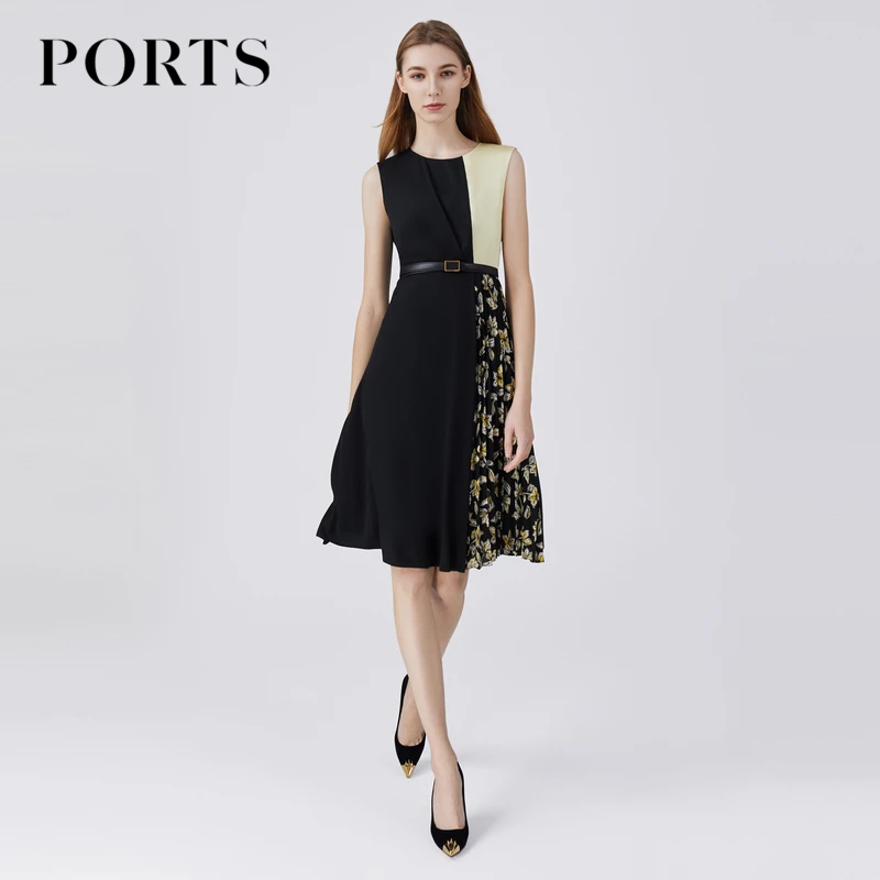 PORTS宝姿 春夏女装时尚黑色拼接圆领无袖收腰修身通勤风连衣裙女